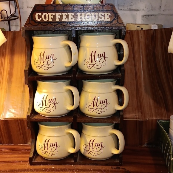 Vintage mcm retro wooden coffee ☕️ cup shelf and 6 mugs farmhouse